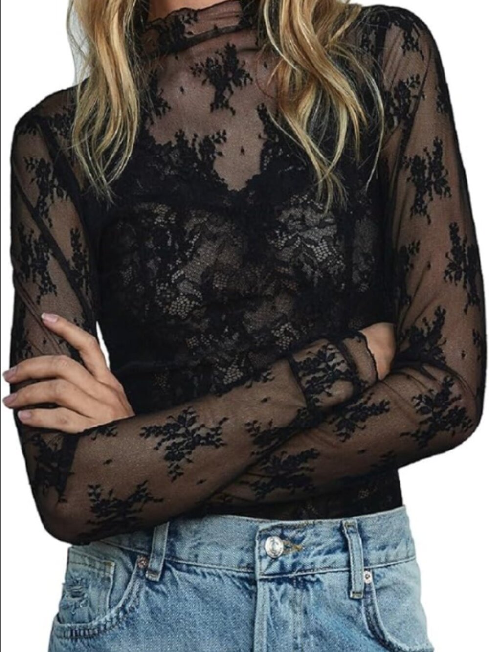 Y2K Lace Mesh Top | Sheer Mock Neck Long Sleeve | Floral Layering Blouse